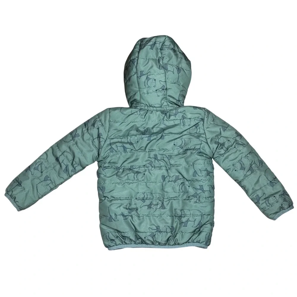 Boys 4T Hooded Puffer Jacket Green w/ Fleece Lined Polar Bear Carter's Full Zip